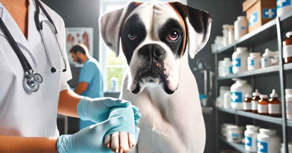 Ein Hund und ein Pferd während einer tierärztlichen Behandlung, bei der kollagenhaltige Wundauflagen angewendet werden